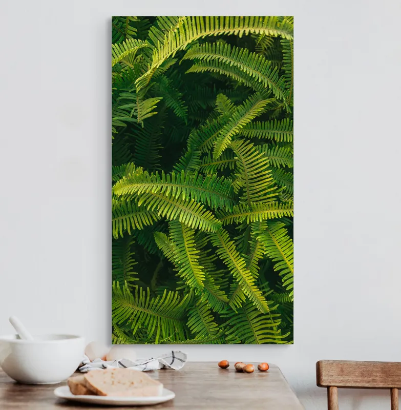 Tablou Canvas, "Ferigi verzi în lumina soarelui", Frunze, Verzi, Luxuriante, Natură, Abundență, Vegetație, Frumusețe, Vitalitate, Textură, Prospețime, 50 x 90 cm – poza 3