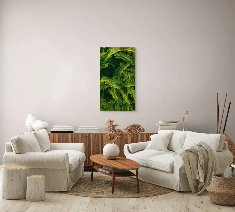 Tablou Canvas, "Ferigi verzi în lumina soarelui", Frunze, Verzi, Luxuriante, Natură, Abundență, Vegetație, Frumusețe, Vitalitate, Textură, Prospețime, 50 x 90 cm – poza 7