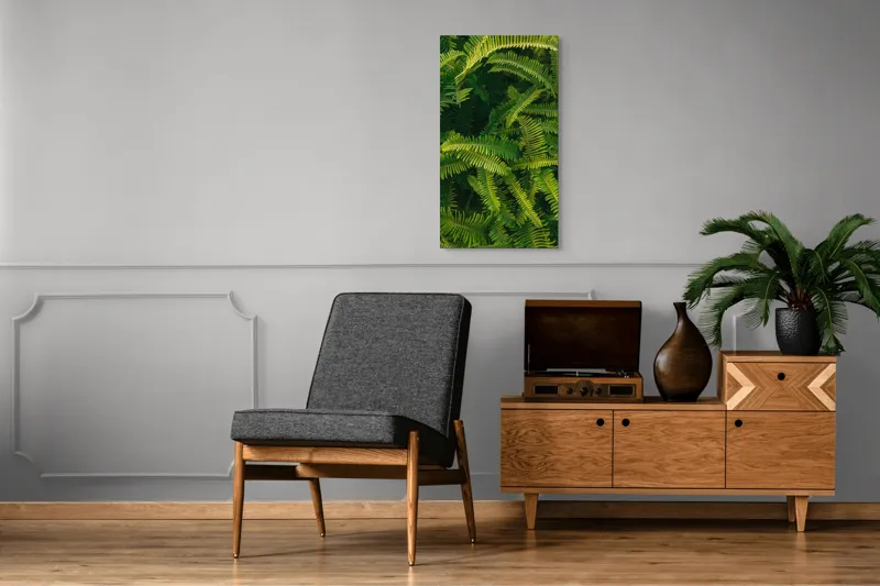 Tablou Canvas, "Ferigi verzi în lumina soarelui", Frunze, Verzi, Luxuriante, Natură, Abundență, Vegetație, Frumusețe, Vitalitate, Textură, Prospețime, 50 x 90 cm – poza 8