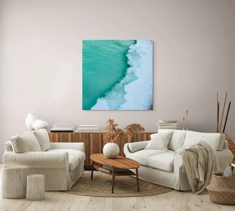 Tablou Canvas, "Valurile înghețate ale mării verzi", Turcoaz, Gheață, Ocean, Valuri, Mal, Spumă, Natură, Liniște, Frig, Contrast, 100 x 100 cm – poza 3