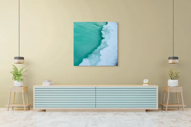 Tablou Canvas, "Valurile înghețate ale mării verzi", Turcoaz, Gheață, Ocean, Valuri, Mal, Spumă, Natură, Liniște, Frig, Contrast, 100 x 100 cm – poza 5