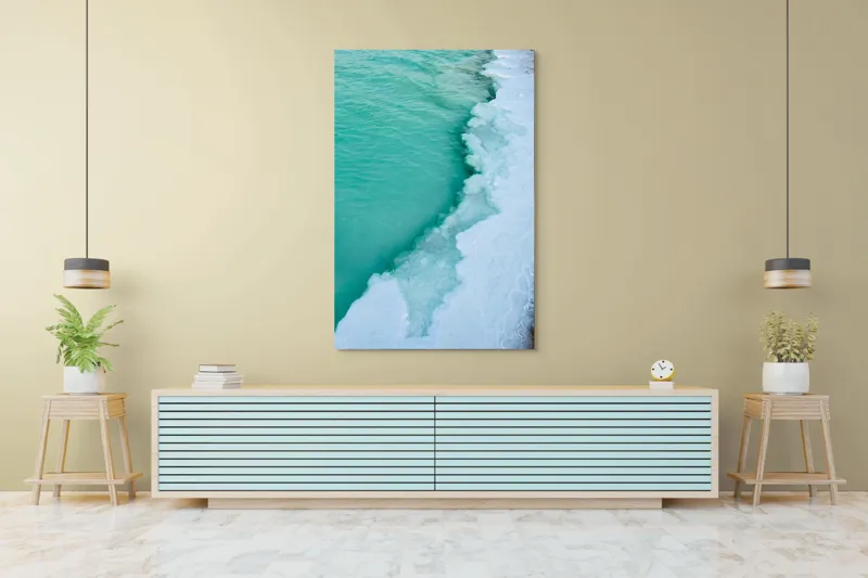 Tablou Canvas, "Valurile înghețate ale mării verzi", Turcoaz, Gheață, Ocean, Valuri, Mal, Spumă, Natură, Liniște, Frig, Contrast, 100 x 150 cm – poza 4