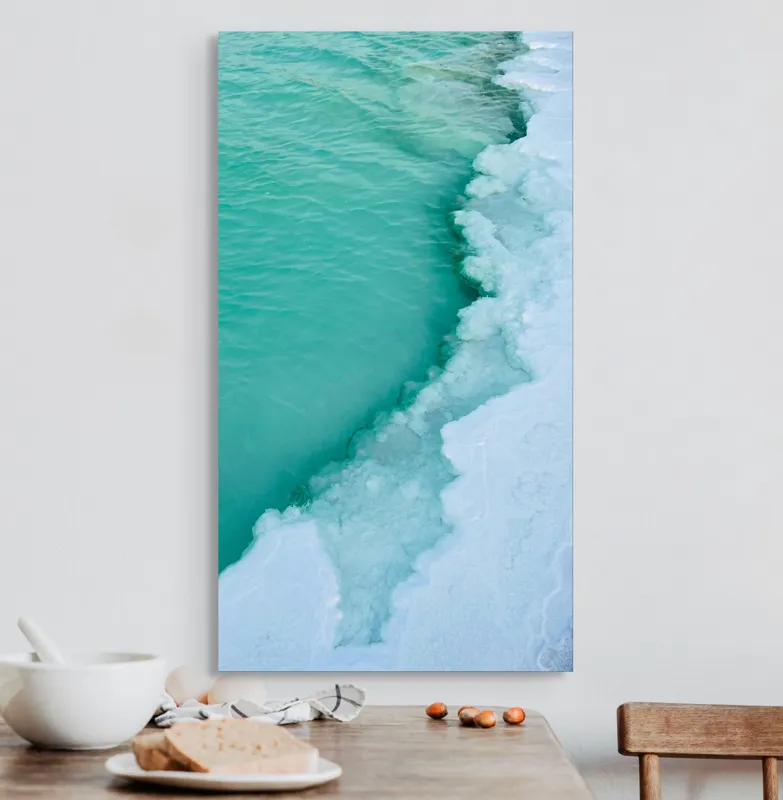 Tablou Canvas, "Valurile înghețate ale mării verzi", Turcoaz, Gheață, Ocean, Valuri, Mal, Spumă, Natură, Liniște, Frig, Contrast, 50 x 90 cm – poza 3