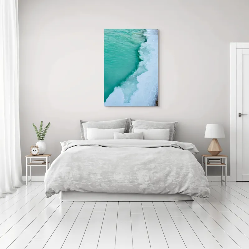 Tablou Canvas, "Valurile înghețate ale mării verzi", Turcoaz, Gheață, Ocean, Valuri, Mal, Spumă, Natură, Liniște, Frig, Contrast, 70 x 100 cm – poza 3