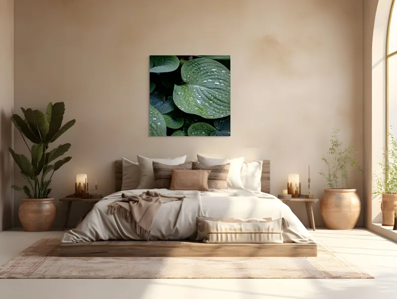 Tablou Canvas, "Picături de ploaie pe frunze verzi", Frunze, Verde, Picături, Apă, Prospețime, Natură, Textură, Lumină, Rouă, Vitalitate, 100 x 100 cm – poza 4