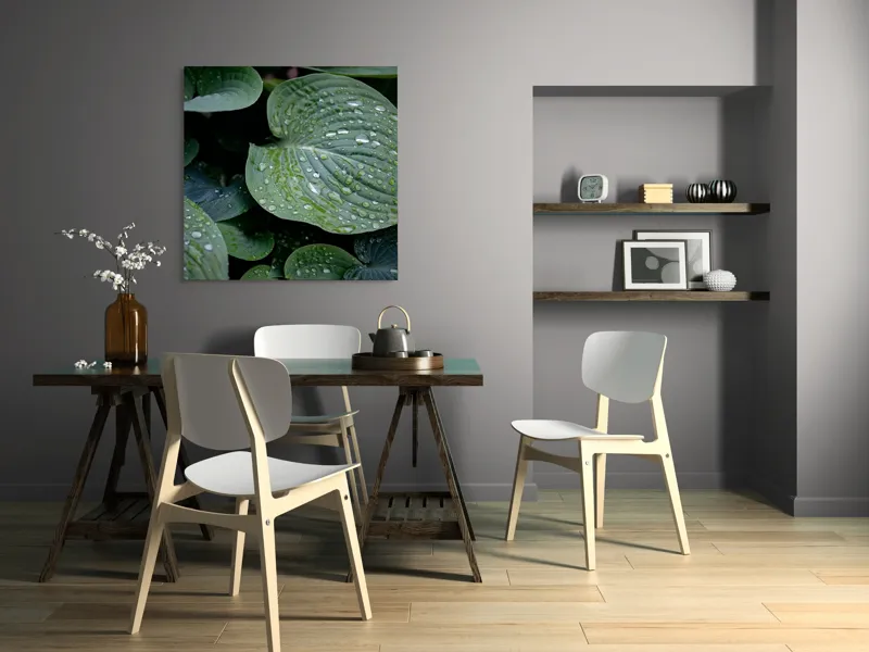 Tablou Canvas, "Picături de ploaie pe frunze verzi", Frunze, Verde, Picături, Apă, Prospețime, Natură, Textură, Lumină, Rouă, Vitalitate, 100 x 100 cm – poza 6
