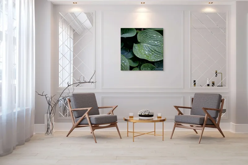 Tablou Canvas, "Picături de ploaie pe frunze verzi", Frunze, Verde, Picături, Apă, Prospețime, Natură, Textură, Lumină, Rouă, Vitalitate, 100 x 100 cm – poza 7
