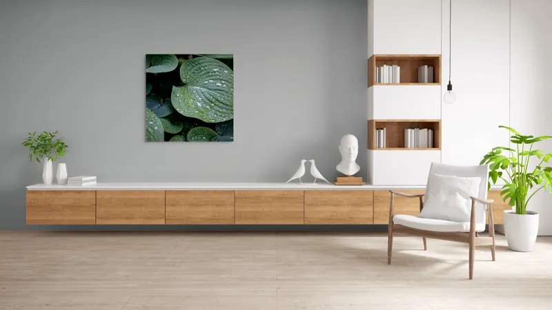Tablou Canvas, "Picături de ploaie pe frunze verzi", Frunze, Verde, Picături, Apă, Prospețime, Natură, Textură, Lumină, Rouă, Vitalitate, 100 x 100 cm – poza 8