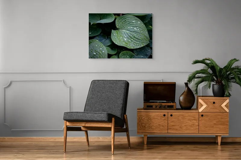 Tablou Canvas, "Picături de ploaie pe frunze verzi", Frunze, Verde, Picături, Apă, Prospețime, Natură, Textură, Lumină, Rouă, Vitalitate, 100 x 70 cm – poza 8