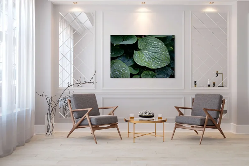 Tablou Canvas, "Picături de ploaie pe frunze verzi", Frunze, Verde, Picături, Apă, Prospețime, Natură, Textură, Lumină, Rouă, Vitalitate, 150 x 100 cm – poza 7
