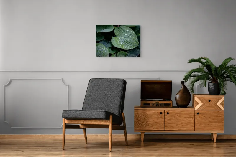 Tablou Canvas, "Picături de ploaie pe frunze verzi", Frunze, Verde, Picături, Apă, Prospețime, Natură, Textură, Lumină, Rouă, Vitalitate, 70 x 50 cm – poza 4