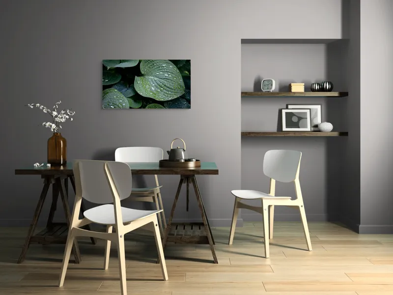 Tablou Canvas, "Picături de ploaie pe frunze verzi", Frunze, Verde, Picături, Apă, Prospețime, Natură, Textură, Lumină, Rouă, Vitalitate, 90 x 50 cm – poza 3