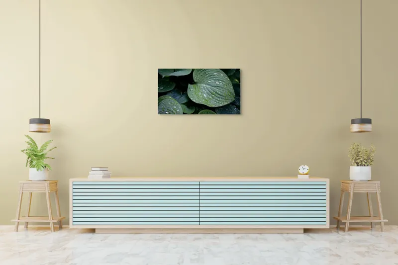 Tablou Canvas, "Picături de ploaie pe frunze verzi", Frunze, Verde, Picături, Apă, Prospețime, Natură, Textură, Lumină, Rouă, Vitalitate, 90 x 50 cm – poza 5