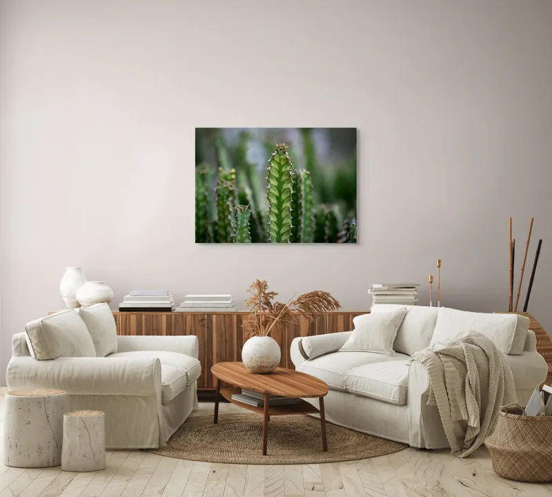 Tablou Canvas, "Cactuși înverziți sub cer senin", Spini, Verde, Textură, Cactuși, Natură, Asprime, Sălbăticie, Contrast, Detaliu, Exotic., 100 x 70 cm – poza 3