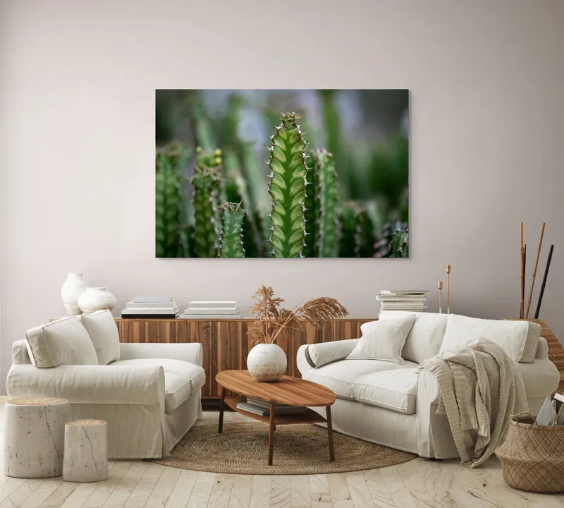 Tablou Canvas, "Cactuși înverziți sub cer senin", Spini, Verde, Textură, Cactuși, Natură, Asprime, Sălbăticie, Contrast, Detaliu, Exotic., 150 x 100 cm – poza 3
