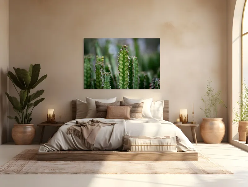 Tablou Canvas, "Cactuși înverziți sub cer senin", Spini, Verde, Textură, Cactuși, Natură, Asprime, Sălbăticie, Contrast, Detaliu, Exotic., 150 x 100 cm – poza 4