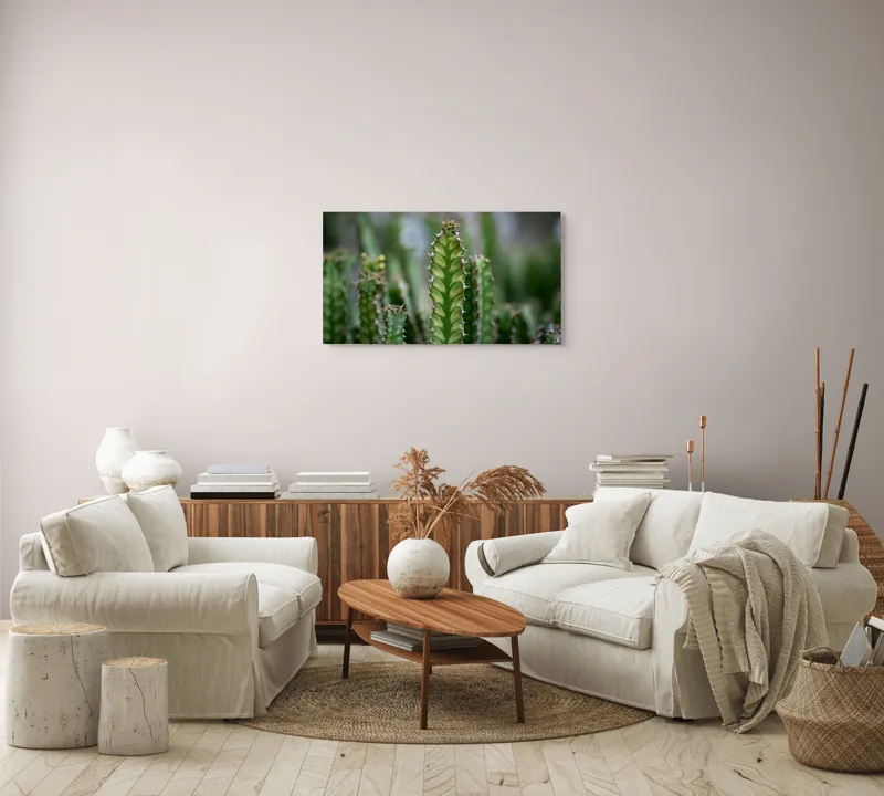 Tablou Canvas, "Cactuși înverziți sub cer senin", Spini, Verde, Textură, Cactuși, Natură, Asprime, Sălbăticie, Contrast, Detaliu, Exotic., 90 x 50 cm – poza 4