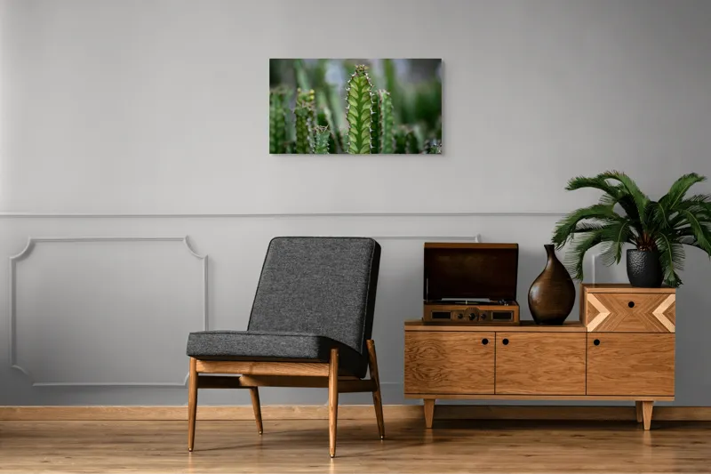 Tablou Canvas, "Cactuși înverziți sub cer senin", Spini, Verde, Textură, Cactuși, Natură, Asprime, Sălbăticie, Contrast, Detaliu, Exotic., 90 x 50 cm – poza 6