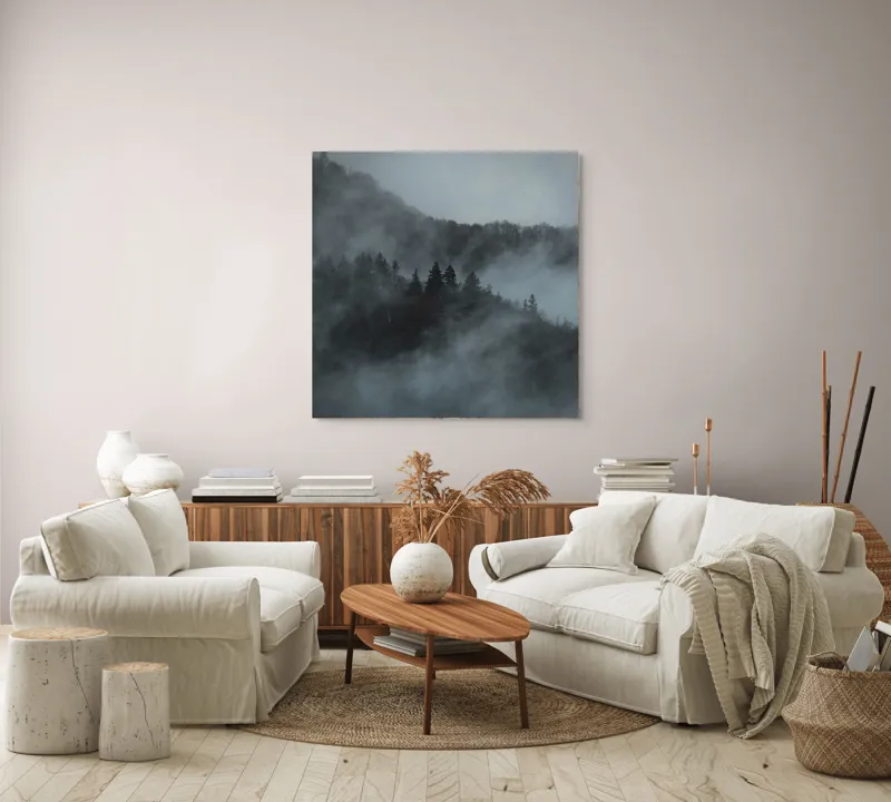 Tablou Canvas, "Misterul pădurii în ceață albăstruie", Cețuri, Melancolie, Taină, Înălțimi, Umbre, Serenitate, Natură, Mister, Pădure, Liniște, 100 x 100 cm – poza 3