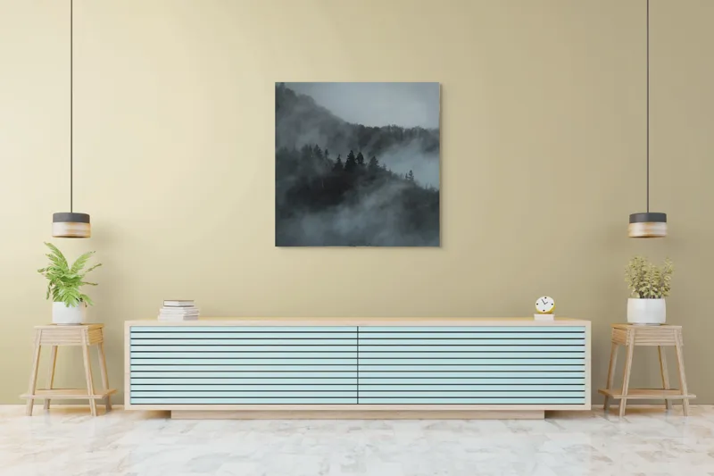 Tablou Canvas, "Misterul pădurii în ceață albăstruie", Cețuri, Melancolie, Taină, Înălțimi, Umbre, Serenitate, Natură, Mister, Pădure, Liniște, 100 x 100 cm – poza 5