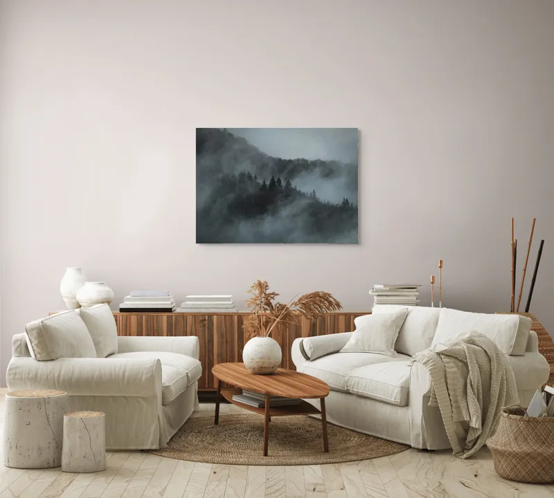 Tablou Canvas, "Misterul pădurii în ceață albăstruie", Cețuri, Melancolie, Taină, Înălțimi, Umbre, Serenitate, Natură, Mister, Pădure, Liniște, 100 x 70 cm – poza 3