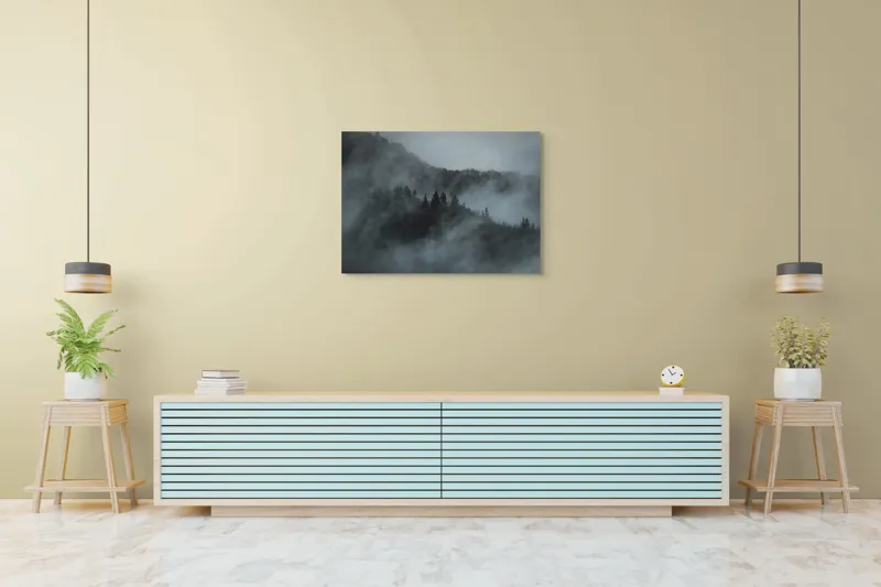 Tablou Canvas, "Misterul pădurii în ceață albăstruie", Cețuri, Melancolie, Taină, Înălțimi, Umbre, Serenitate, Natură, Mister, Pădure, Liniște, 100 x 70 cm – poza 4