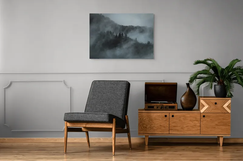 Tablou Canvas, "Misterul pădurii în ceață albăstruie", Cețuri, Melancolie, Taină, Înălțimi, Umbre, Serenitate, Natură, Mister, Pădure, Liniște, 100 x 70 cm – poza 8