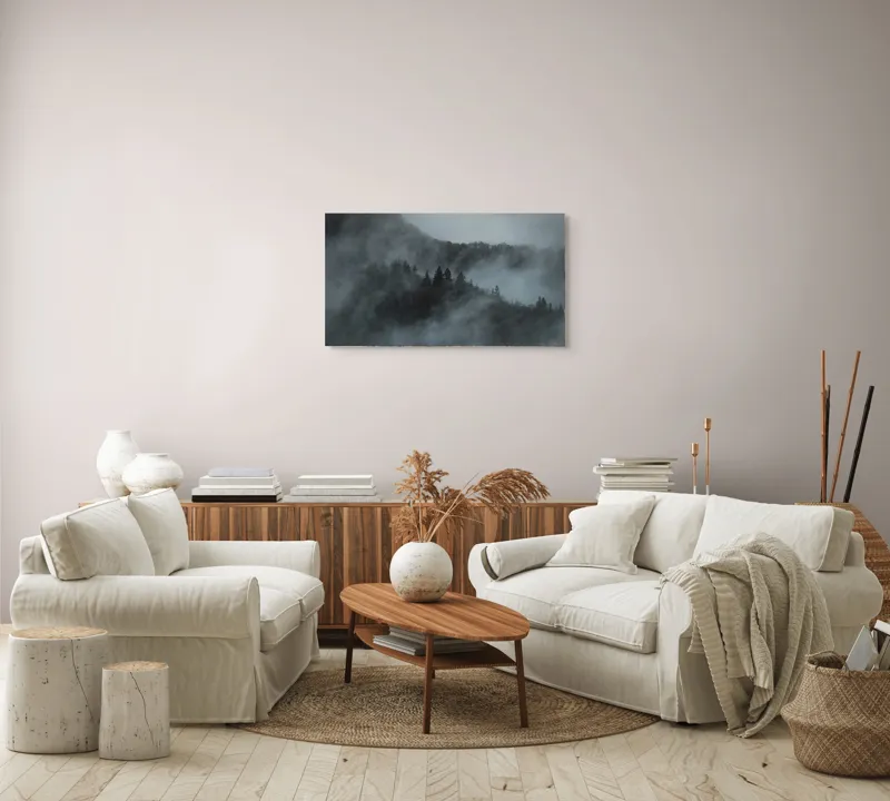 Tablou Canvas, "Misterul pădurii în ceață albăstruie", Cețuri, Melancolie, Taină, Înălțimi, Umbre, Serenitate, Natură, Mister, Pădure, Liniște, 90 x 50 cm – poza 4