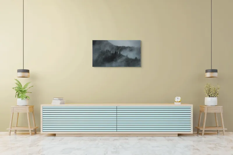 Tablou Canvas, "Misterul pădurii în ceață albăstruie", Cețuri, Melancolie, Taină, Înălțimi, Umbre, Serenitate, Natură, Mister, Pădure, Liniște, 90 x 50 cm – poza 5