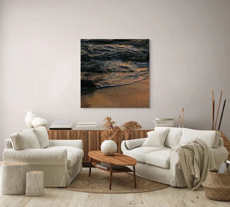 Tablou Canvas, "Valurile mării la apusul soarelui", Valuri, Apus, Nisip, Reflecții, Liniște, Natură, Ocean, 100 x 100 cm – poza 3