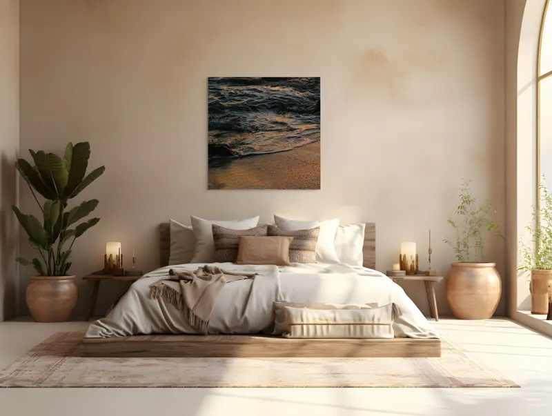 Tablou Canvas, "Valurile mării la apusul soarelui", Valuri, Apus, Nisip, Reflecții, Liniște, Natură, Ocean, 100 x 100 cm – poza 4