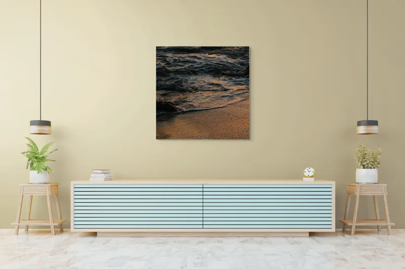 Tablou Canvas, "Valurile mării la apusul soarelui", Valuri, Apus, Nisip, Reflecții, Liniște, Natură, Ocean, 100 x 100 cm – poza 5
