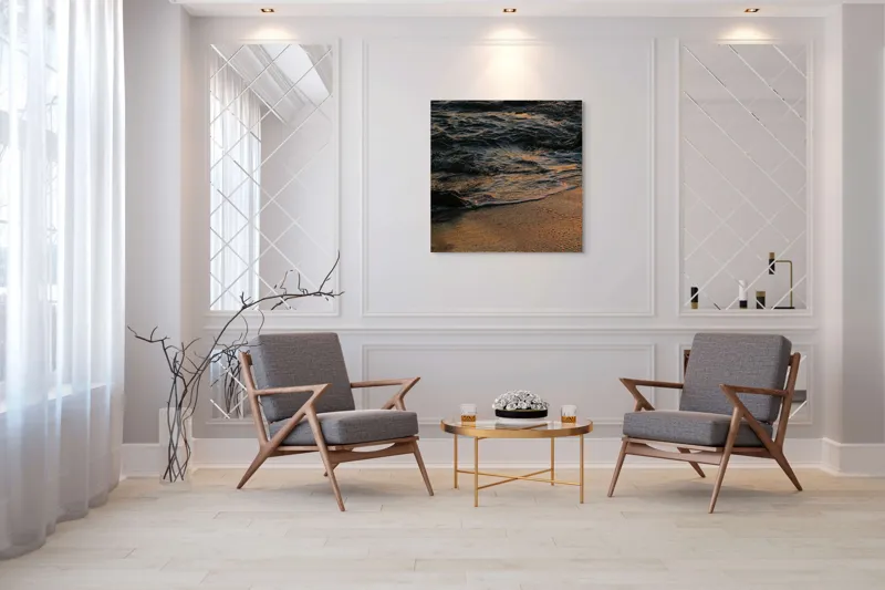 Tablou Canvas, "Valurile mării la apusul soarelui", Valuri, Apus, Nisip, Reflecții, Liniște, Natură, Ocean, 100 x 100 cm – poza 7