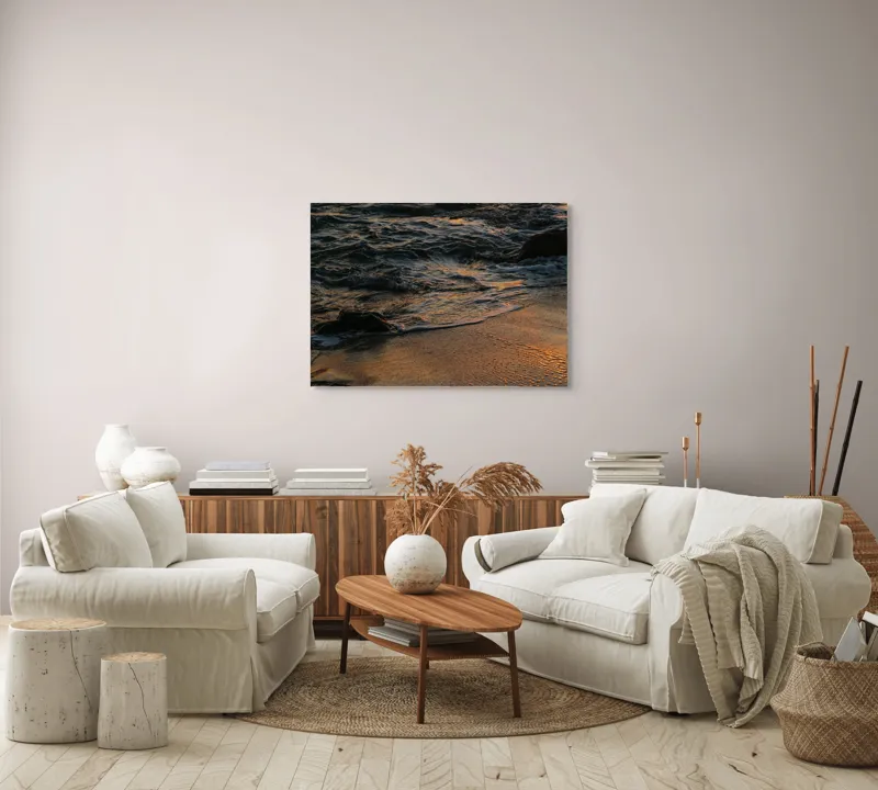 Tablou Canvas, "Valurile mării la apusul soarelui", Valuri, Apus, Nisip, Reflecții, Liniște, Natură, Ocean, 100 x 70 cm – poza 3