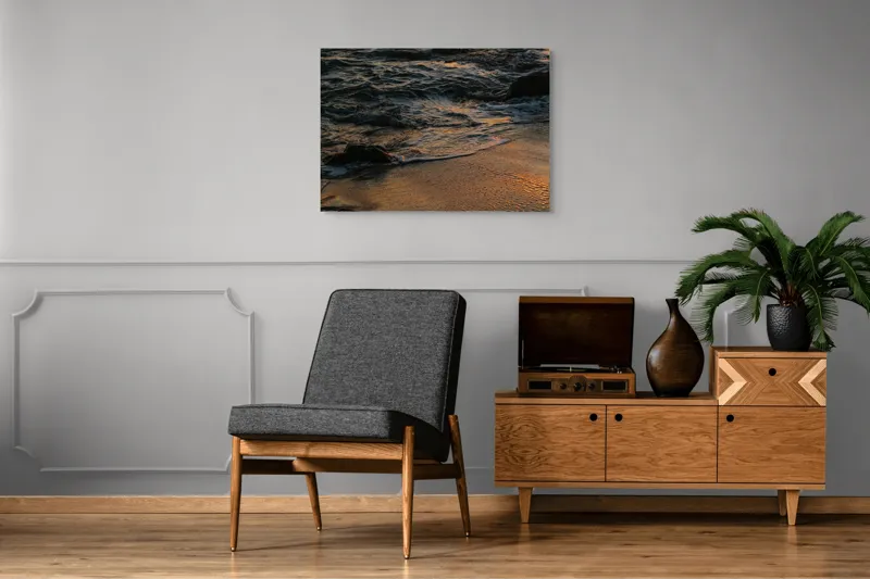 Tablou Canvas, "Valurile mării la apusul soarelui", Valuri, Apus, Nisip, Reflecții, Liniște, Natură, Ocean, 100 x 70 cm – poza 8