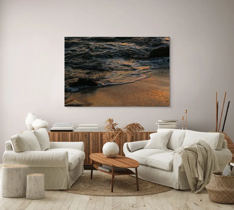 Tablou Canvas, "Valurile mării la apusul soarelui", Valuri, Apus, Nisip, Reflecții, Liniște, Natură, Ocean, 150 x 100 cm – poza 3