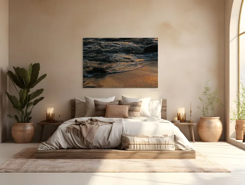 Tablou Canvas, "Valurile mării la apusul soarelui", Valuri, Apus, Nisip, Reflecții, Liniște, Natură, Ocean, 150 x 100 cm – poza 4