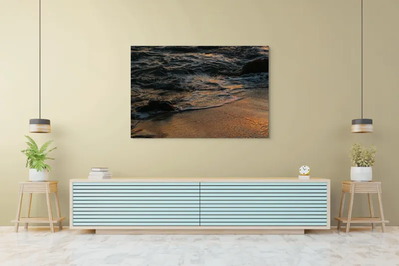 Tablou Canvas, "Valurile mării la apusul soarelui", Valuri, Apus, Nisip, Reflecții, Liniște, Natură, Ocean, 150 x 100 cm – poza 6