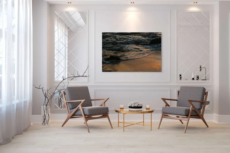Tablou Canvas, "Valurile mării la apusul soarelui", Valuri, Apus, Nisip, Reflecții, Liniște, Natură, Ocean, 150 x 100 cm – poza 7