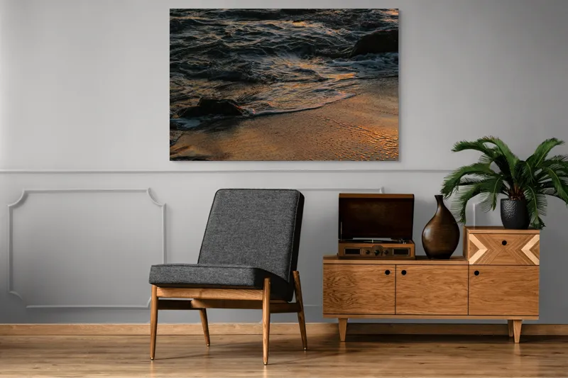 Tablou Canvas, "Valurile mării la apusul soarelui", Valuri, Apus, Nisip, Reflecții, Liniște, Natură, Ocean, 150 x 100 cm – poza 8