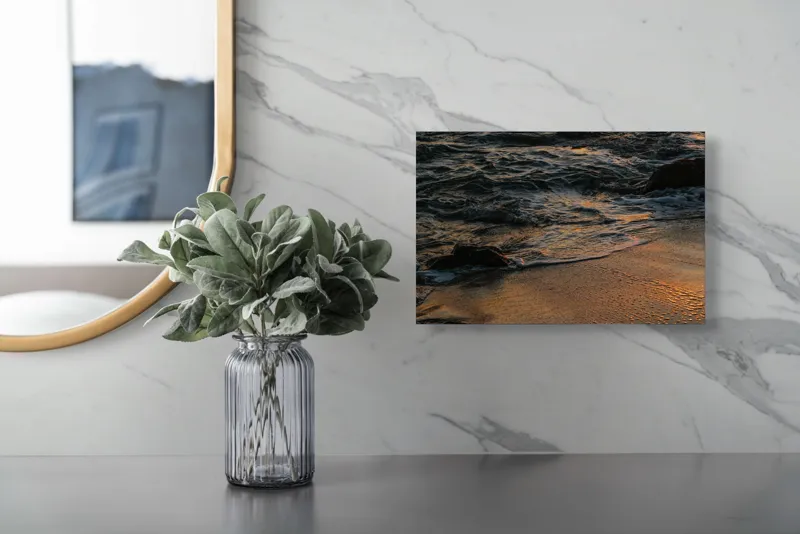 Tablou Canvas, "Valurile mării la apusul soarelui", Valuri, Apus, Nisip, Reflecții, Liniște, Natură, Ocean, 39 x 26 cm – poza 5