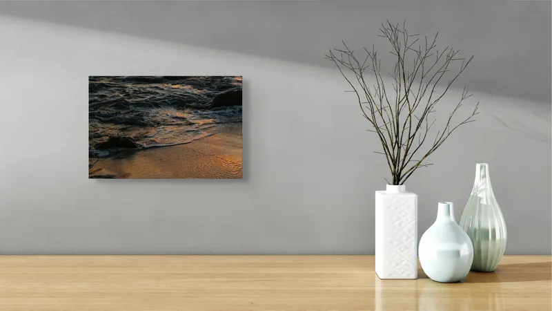 Tablou Canvas, "Valurile mării la apusul soarelui", Valuri, Apus, Nisip, Reflecții, Liniște, Natură, Ocean, 39 x 26 cm – poza 8
