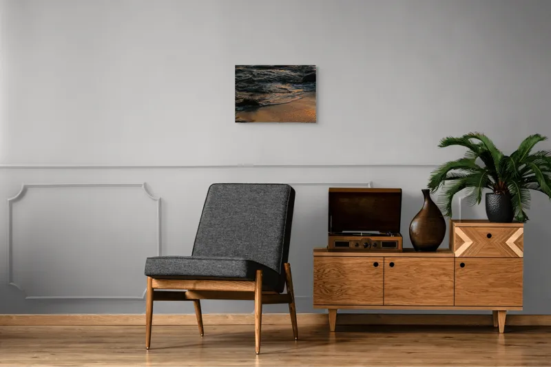 Tablou Canvas, "Valurile mării la apusul soarelui", Valuri, Apus, Nisip, Reflecții, Liniște, Natură, Ocean, 54 x 39 cm – poza 7