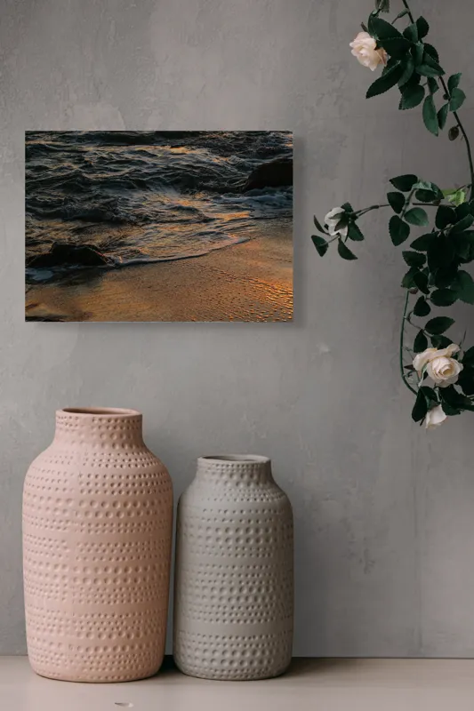Tablou Canvas, "Valurile mării la apusul soarelui", Valuri, Apus, Nisip, Reflecții, Liniște, Natură, Ocean, 54 x 39 cm – poza 8