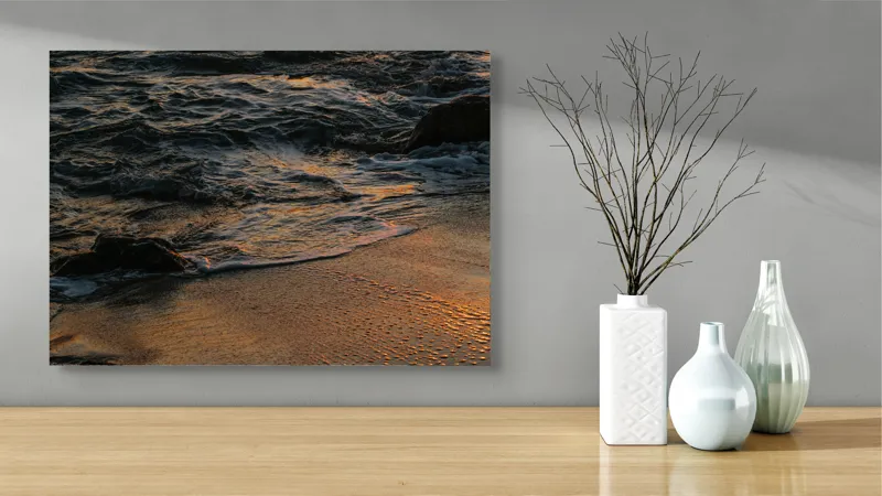 Tablou Canvas, "Valurile mării la apusul soarelui", Valuri, Apus, Nisip, Reflecții, Liniște, Natură, Ocean, 70 x 50 cm – poza 3