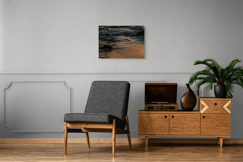 Tablou Canvas, "Valurile mării la apusul soarelui", Valuri, Apus, Nisip, Reflecții, Liniște, Natură, Ocean, 70 x 50 cm – poza 4