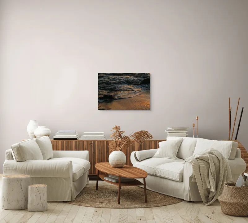 Tablou Canvas, "Valurile mării la apusul soarelui", Valuri, Apus, Nisip, Reflecții, Liniște, Natură, Ocean, 70 x 50 cm – poza 6