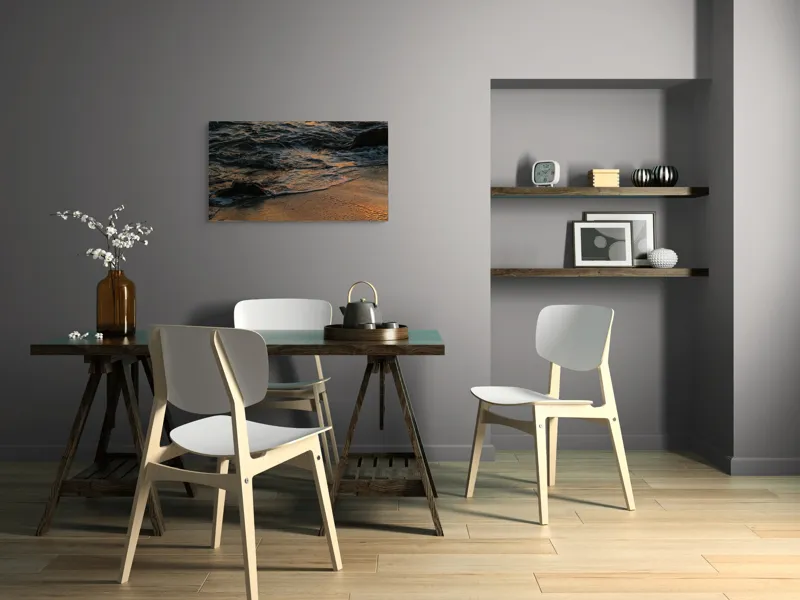 Tablou Canvas, "Valurile mării la apusul soarelui", Valuri, Apus, Nisip, Reflecții, Liniște, Natură, Ocean, 90 x 50 cm – poza 3