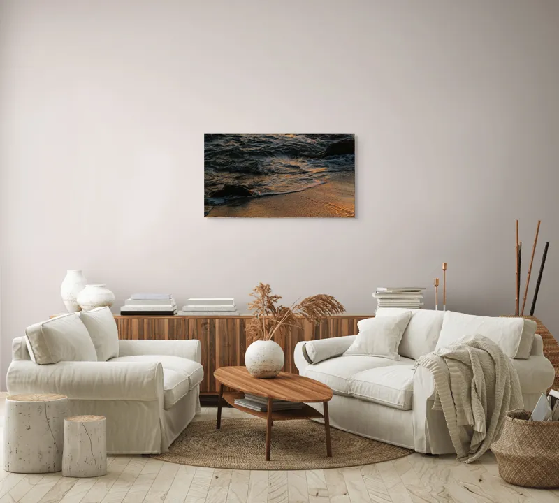 Tablou Canvas, "Valurile mării la apusul soarelui", Valuri, Apus, Nisip, Reflecții, Liniște, Natură, Ocean, 90 x 50 cm – poza 4