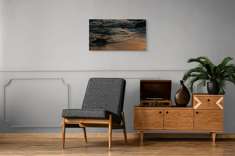 Tablou Canvas, "Valurile mării la apusul soarelui", Valuri, Apus, Nisip, Reflecții, Liniște, Natură, Ocean, 90 x 50 cm – poza 6